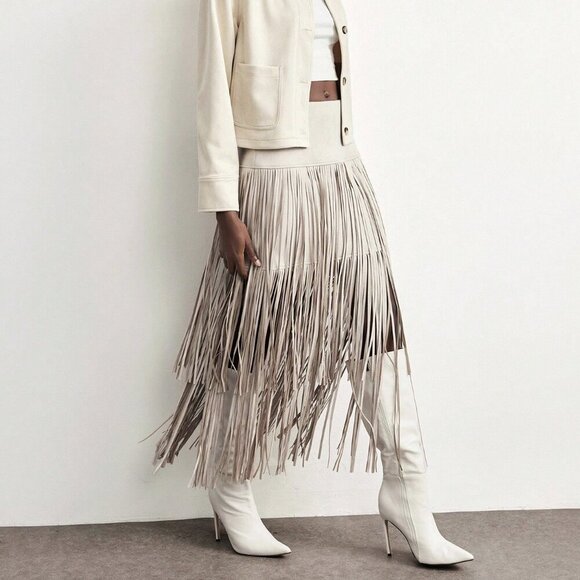 Khaki Boho Women's Chic Linen Tassel Skirt - Picture 5 of 7